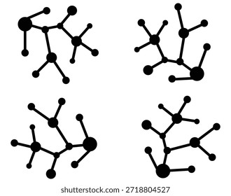 Conjunto de iconos de estructura molecular Abstractas que muestra enlaces químicos y redes atómicas sobre fondo blanco, Símbolos de moléculas de ciencia mínima colección con nodos conectados que representan conceptos de química y biotecnología, Formas de conexión de moléculas negras y átomos que ilustran diagramas de estructura química para diseño científico