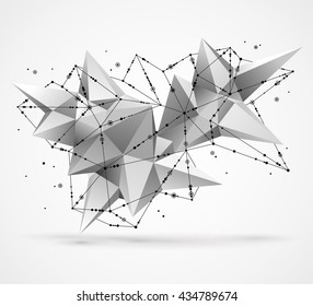 Abstract molecular structure with polygonal shapes and wireframe mesh. Vector illustration. Scientific technology background.