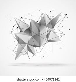 Abstract molecular structure with polygonal shapes and wireframe mesh. Vector illustration. Scientific technology background.
