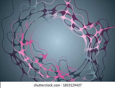 Abstrakte molekulare Struktur, wissenschaftlicher Vektorhintergrund mit kurvenförmigen Linien Schnittpunkte. Flüssigkeit formt rosa graues Muster. Chemie und Biotechnologie, digitales Hintergrundgrafik-Design.