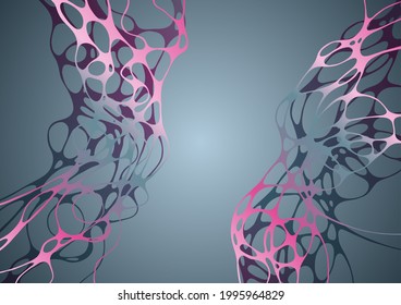 Abstract molecular structure scientific vector background with curve wavy lines intersections. Fluid shapes pink gray pattern. Chemistry and biotechnology digital background graphic design.