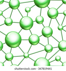 Abstract molecular structure seamless vector pattern. Green nature organic background. Design concept for science, ecology, biotechnology, cosmetology, chemical industry themes. Atoms and molecules. 
