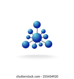 Abstract molecular structure symbol with blue spheres and silver pins. Atom or ion sign.