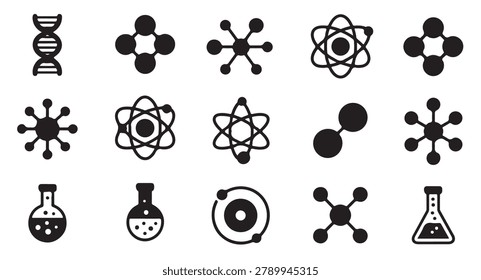 Abstract molecular structures, DNA helix, and laboratory glassware like beakers and flasks, representing science.