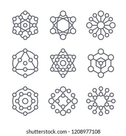 Estructuras moleculares abstractas, moléculas, átomos, celosías de cristal. Iconos vectoriales y elementos de diseño del logotipo