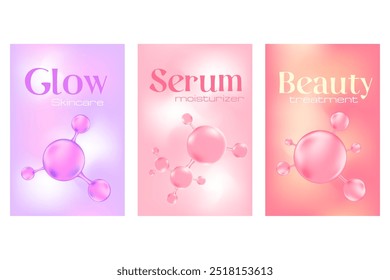 Molécula abstrata ou estrutura de bio átomos, conjunto de cartazes de cosmetologia. Tratamento de beleza, nutrição skincare rosa claro, roxo, cor de pêssego fundo com espaço de cópia. Tecnologia científica elegante