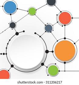 Abstract molecules and 3d paper circles with Blank space for your content, template, communication, business, network and web design. Vector illustration global social media technology concept