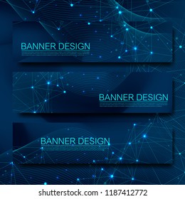 Abstract molecules banners set with lines, dots, circles, polygons. Vector design network communication background. Futuristic digital science technology concept for web banner template or brochure