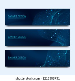 Abstract molecules banners set with lines, dots, circles, polygons. Vector design network communication background. Futuristic digital science technology concept for web banner template or brochure