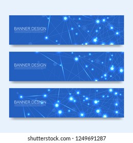 Abstract molecules banners set with lines, dots, circles, polygons. Vector design network communication background. Futuristic digital science technology concept for web banner template or brochure