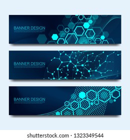 Abstract molecules banners set with lines, dots, circles, polygons. Vector design network communication background. Futuristic digital science technology concept for web banner template or brochure