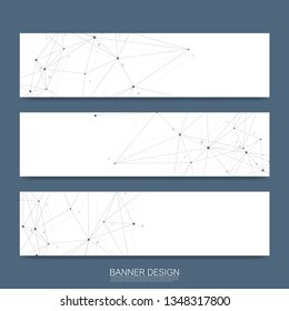 Abstract molecules banners set with lines, dots, circles, polygons. Vector design network communication background. Futuristic digital science technology concept for web banner template or brochure