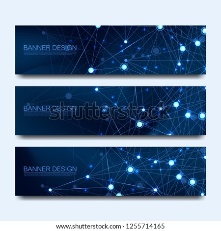 Abstract molecules banners set with lines, dots, circles, polygons. Vector design network communication background. Futuristic digital science technology concept for web banner template or brochure