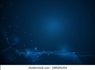 Abstract Molecules with Circles, Lines, Geometric, Polygon, Triangle pattern. Vector design network communication technology on dark blue background. Futuristic- digital science technology concept