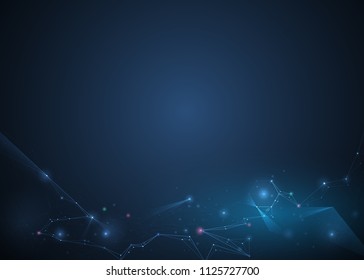 Abstract Molecules with Circles, Lines, Geometric, Polygon, Triangle pattern. Vector design network communication technology on dark blue background. Futuristic- digital science technology concept