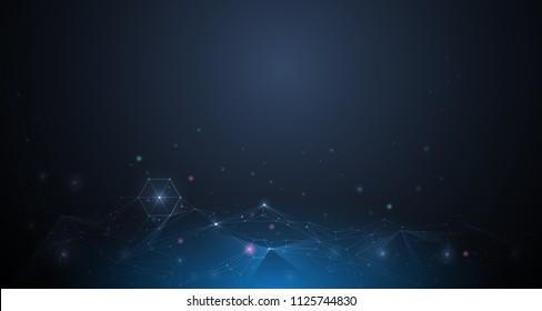 Abstract Molecules with Circles, Lines, Geometric, Polygon, Triangle pattern. Vector design network communication technology on dark blue background. Futuristic- digital science technology concept