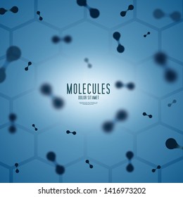 Abstract molecules design. Vector illustration. Atoms. Medical background for banner or flyer. Molecular structure with blue spherical particles.