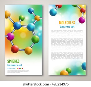 Abstract molecules design. Vector illustration. Atoms. Medical background for banner or flyer. Molecular structure with colorful spherical particles.