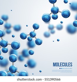 Abstract molecules design. Vector illustration. Atoms. Medical background for banner or flyer. Molecular structure with blue spherical particles.