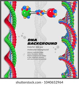 Abstract molecules DNA design. Vector illustration. Atoms. Medical background for banner or flyer. Molecular DNA with colorful spherical particles