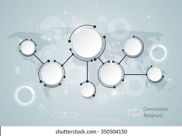 Abstract molecules and global social media communication technology concept with 3D paper label over light blue gray and Earth map background. With space for content, business, infographic template
