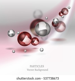 Abstract molecules graphic design. Beautiful vector illustration with glossy volumetric particles in light grey and red colours. Atomic scientific medical or biological background.