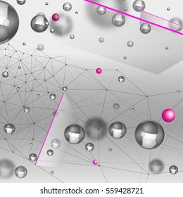 Abstract molecules graphic design. Beautiful vector illustration with glossy volumetric particles in light grey and silver colours. Atomic scientific, medical or biological background.