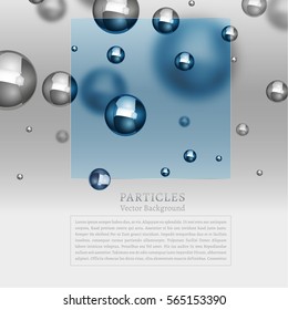 Abstract molecules graphic design. Beautiful vector illustration with glossy volumetric particles in blue and silver colours. Atomic scientific, medical or biological background.
