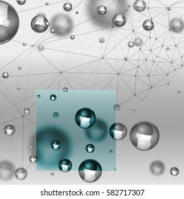 Abstract molecules graphic design. Beautiful vector illustration with glossy volumetric particles in blue and silver colours. Atomic scientific, medical or biological background.