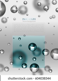 Abstract molecules graphic design. Beautiful vector illustration with glossy volumetric particles in blue and silver colours. Atomic scientific, medical or biological background.