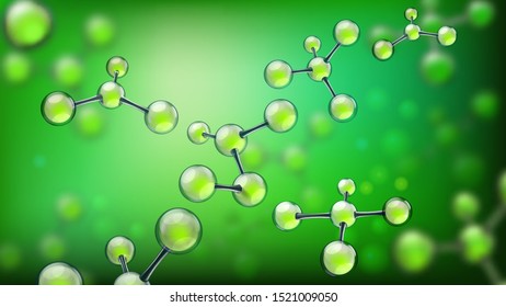 Abstract molecules. Molecular structures, molecule spheres and medical research. Chemistry genetic dna data backdrop or cell molecules medical atom structure 3d vector background