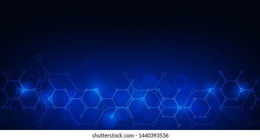 Abstract molecules on dark blue background. Molecular structures or chemical engineering, genetic research, technological innovation. Scientific, technical or medical concept. Vector illustration