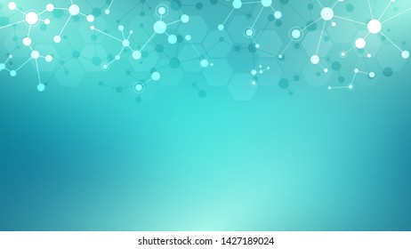 Abstract molecules on green background. Molecular structures or DNA strand, neural network, genetic engineering. Scientific and technological concept.