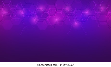 Abstract molecules on purple background. Molecular structures or chemical engineering, genetic research, technological innovation. Scientific, technical or medical concept