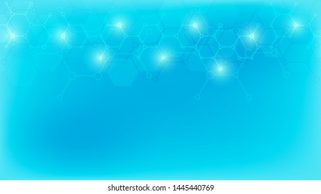 Abstract molecules on soft blue background. Molecular structures or chemical engineering, genetic research, technological innovation. Scientific, technical or medical concept. Vector illustration