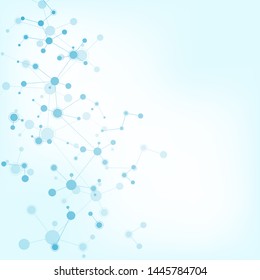 Abstract molecules on soft blue background. Molecular structures or DNA strand, neural network, genetic engineering. Scientific and technological concept. Vector illustration