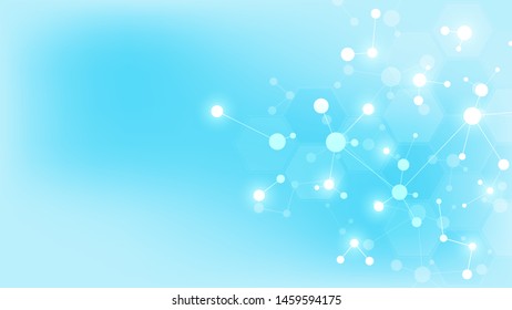 Abstract molecules on soft blue background. Molecular structures or DNA strand, neural network, genetic engineering. Scientific and technological concept. Vector illustration
