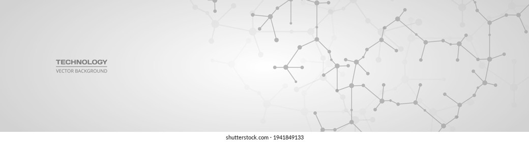 Abstract molecules on soft grey wide horizontal banner. Medical design, scientific and technological concept. Molecular structures or dna strand with plexus background and space for your text.