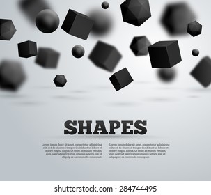 Abstract Molecules and Particles. Vector Illustration. Atoms. Black geometric shapes on bright background, Crystals. Technology or Scientific Backdrop. Place for Text.