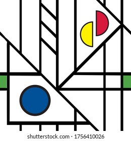 Abstract Mondrian style seamless vector pattern background. Fun colorful Bauhaus geometric diagonal grid on white backdrop Stripe, lines and circle shapes repeat design. Minimalist all over print