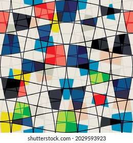 Abstract Mondrian style seamless vector pattern. Bauhaus background diagonal geometric style. Colorful mosaic art grid repeat backdrop. Blended vintage lattice all over print for wellness, summer