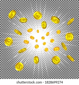Abstract monetary bright radiant flash. 3d gold tokens fly in different directions. Symbols of world currencies. Dollar, euro, pound, franc, yen, yuan. EPS10