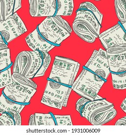 Abstract Money Banknotes Seamless Pattern On Red. Finance Themed Vector Doodle Background.