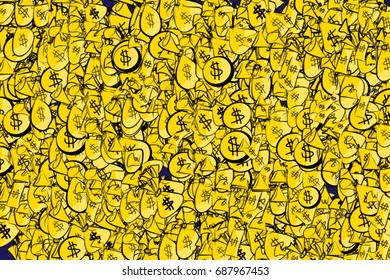 Abstract money begs, bank notes & coin illustrations background. Cartoon style vector graphic.
