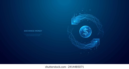 Abstraktes Geldbörsenkonzept. Digitale USD-Münze und umgekehrte Pfeile. Metaphern für Geldtransfer und Rückkasse. hellblaue polygonale Vektorgrafik auf technischem Hintergrund. Rückkehr und Währung.