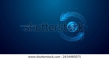 Abstract money exchange concept. Digital USD coin and reverse arrows. Money transfer and cashback metaphors. Light blue polygonal vector illustration on technology background. Return and Currency.