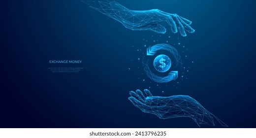 Abstract money exchange. Two hands holding digital coin with circular arrows. Cashback or cash return metaphor. Money transfer or return. Low poly vector illustration with 3D effect on blue background