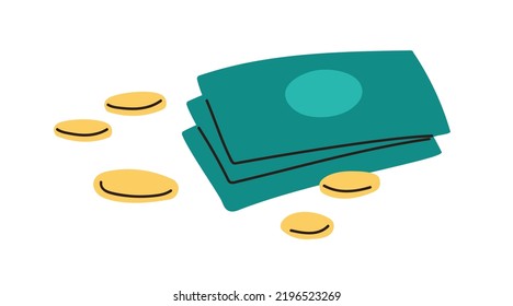 Abstract money, paper bills and gold coins. Dollar banknotes, currency. Bank notes, finance composition. Salary, revenue, credit, wages concept. Flat vector illustration isolated on white background