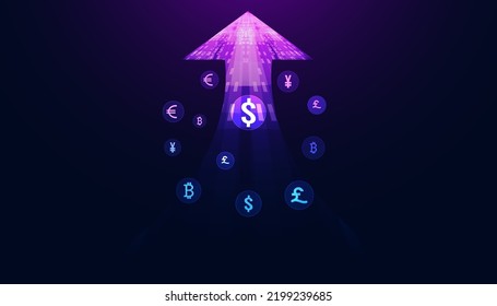 Abstract Money Transfer Online Currency On Background Modern Blue Concept Arrow Global Money Movement Currency Exchange Dollar Euro Yen