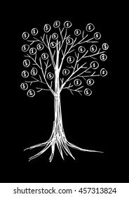 Abstract money tree with dollars.Sketchy style.